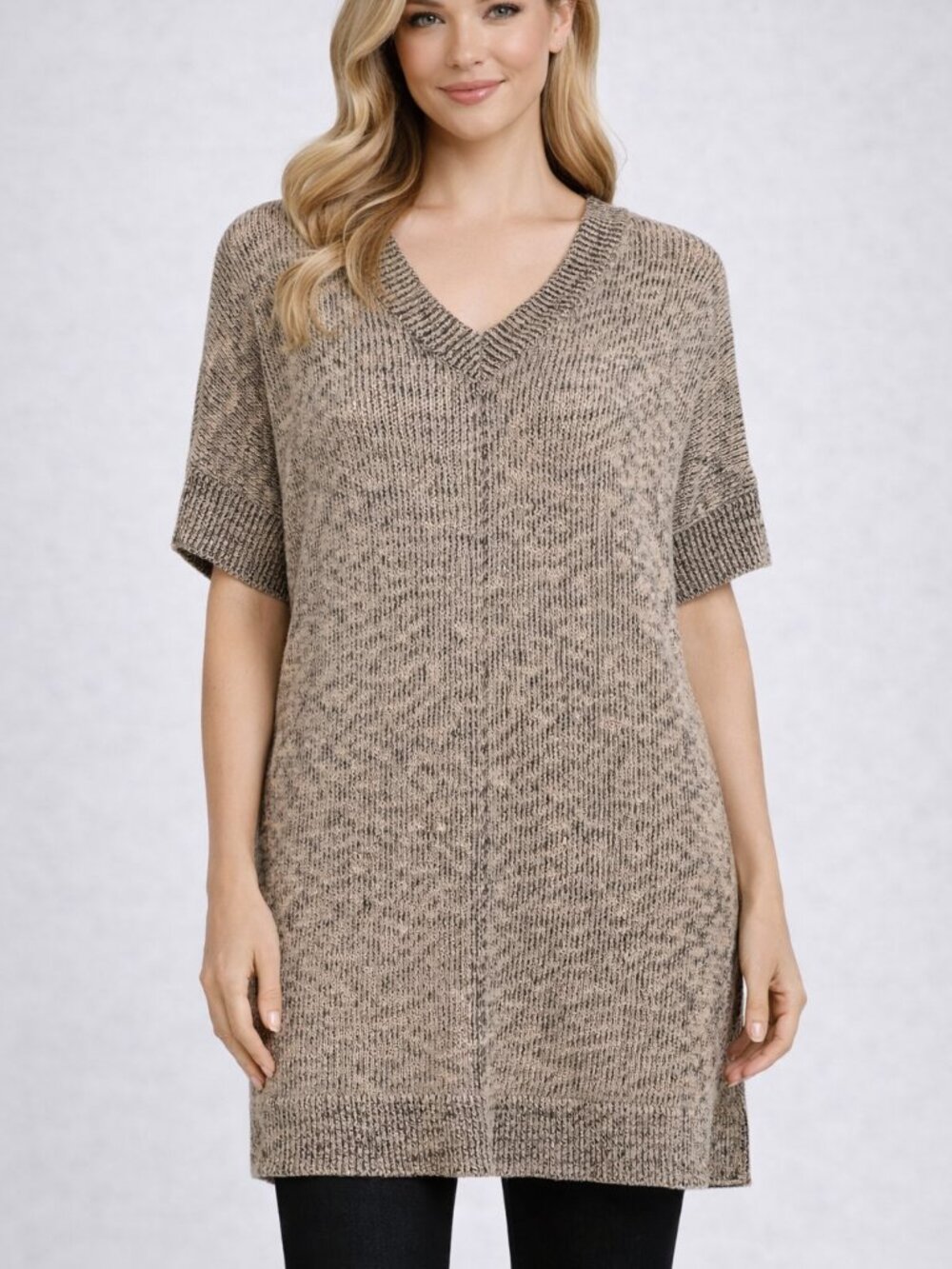 Eileen Fisher Knit Tunic Short Sleeves Sweater Brown V-Neck Size S
